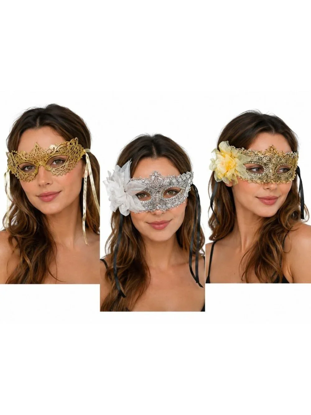 Venetian Style Masquerade Mask Set of 3 Gold Silver Floral Lace Costume Party Ma